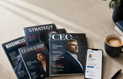 Magazines fanned out on a desk beside a smartphone and coffee cup, styled with warm natural light, representing PR coverage and paid editorial placement.